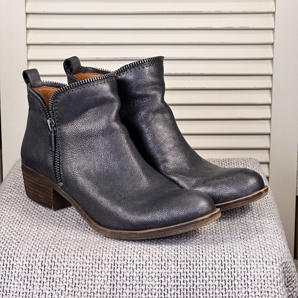 Lucky Brand Bartalino Women's Pewter Shimmer Leather Zipper Ankle Boots Size 7‎